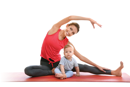 woman stretching with baby